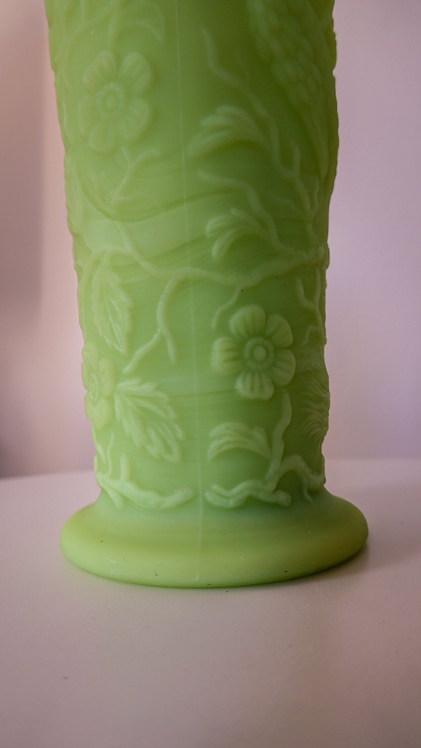 Peacock Vase - Fenton Satin Vaseline Glass - Glows Under Blacklight - Pressed Glass