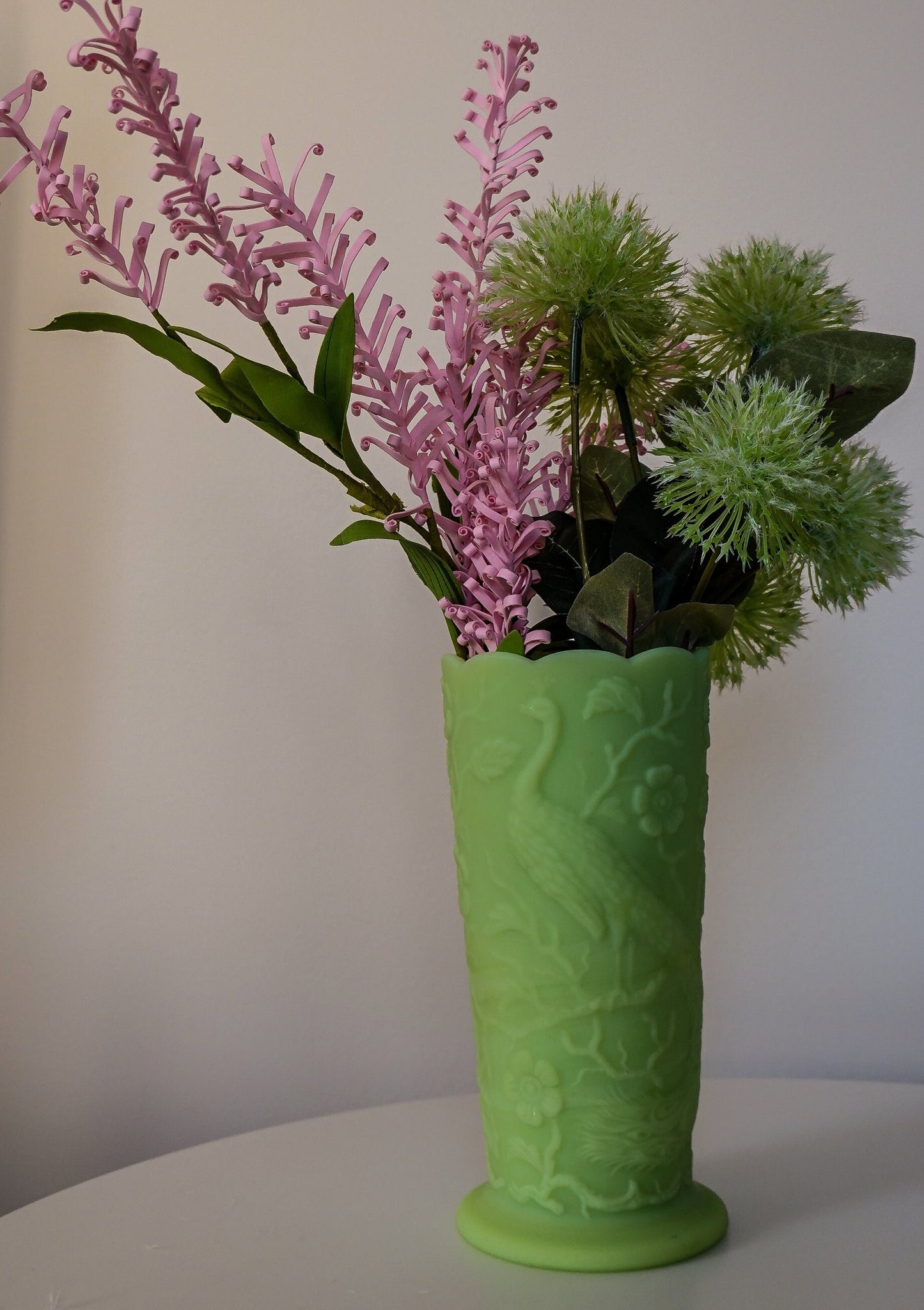 Peacock Vase - Fenton Satin Vaseline Glass - Glows Under Blacklight - Pressed Glass