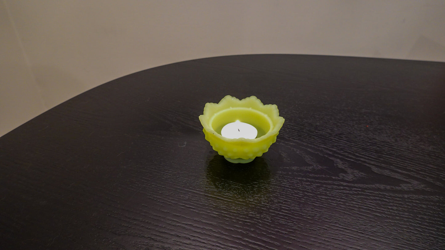 Tea Light - Fenton Hobnail Satin Vaseline Glass Fairy Lamp - Glows under Blacklight - 1974