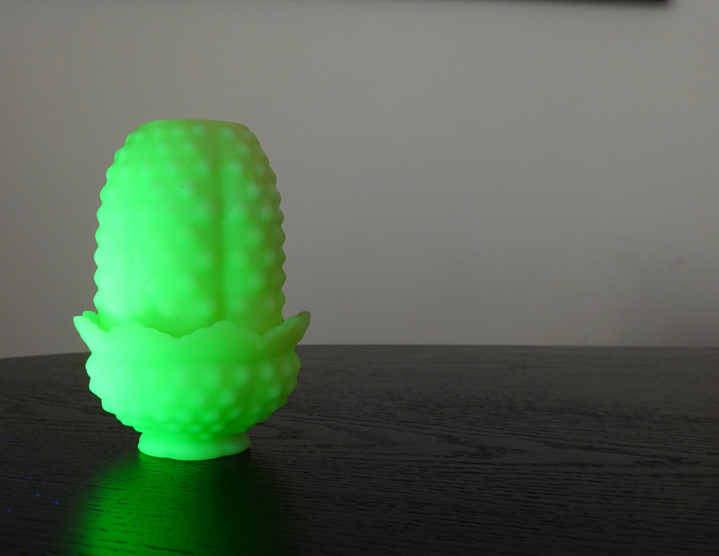 Tea Light - Fenton Hobnail Satin Vaseline Glass Fairy Lamp - Glows under Blacklight - 1974