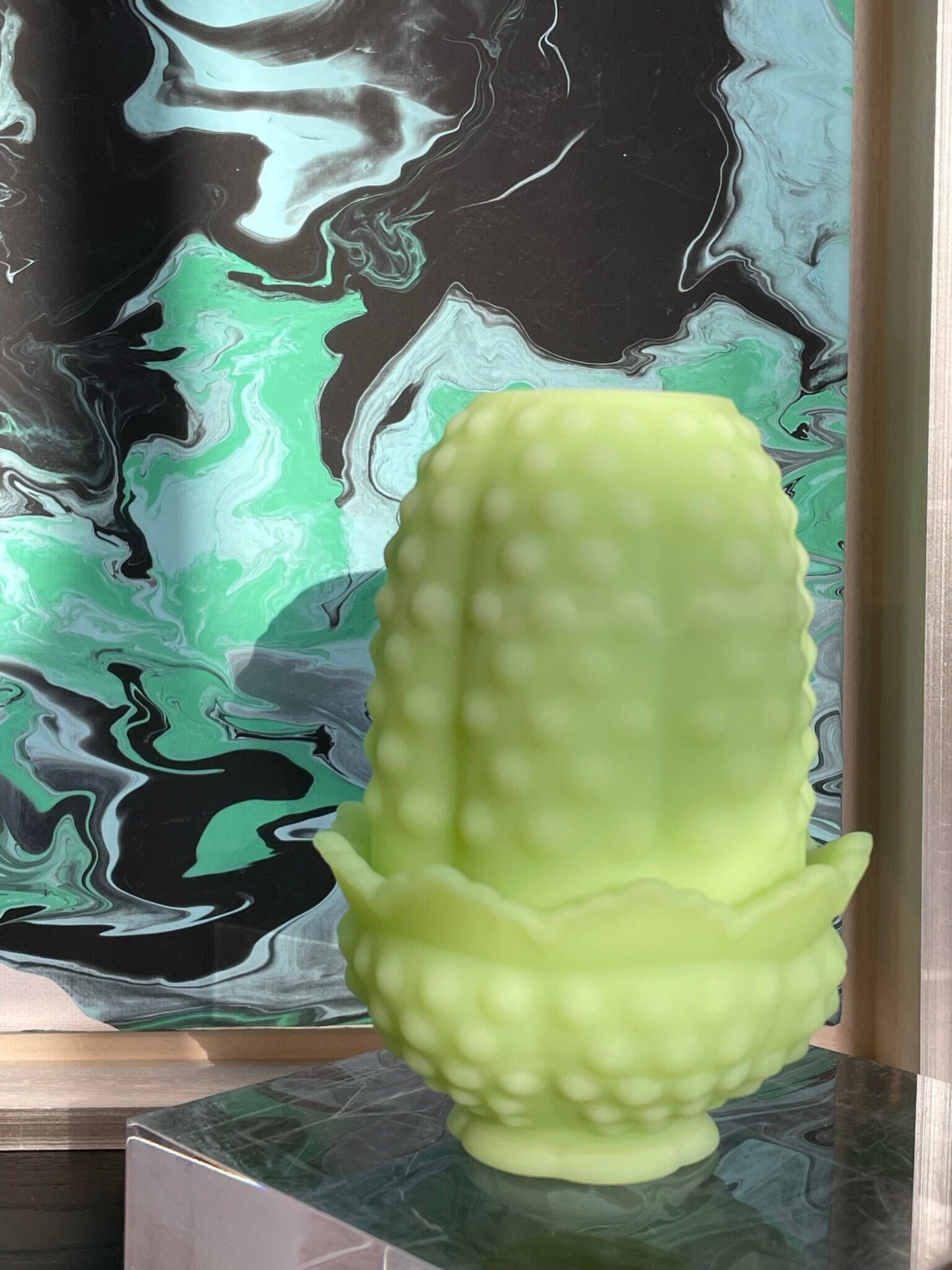 Tea Light - Fenton Hobnail Satin Vaseline Glass Fairy Lamp - Glows under Blacklight - 1974