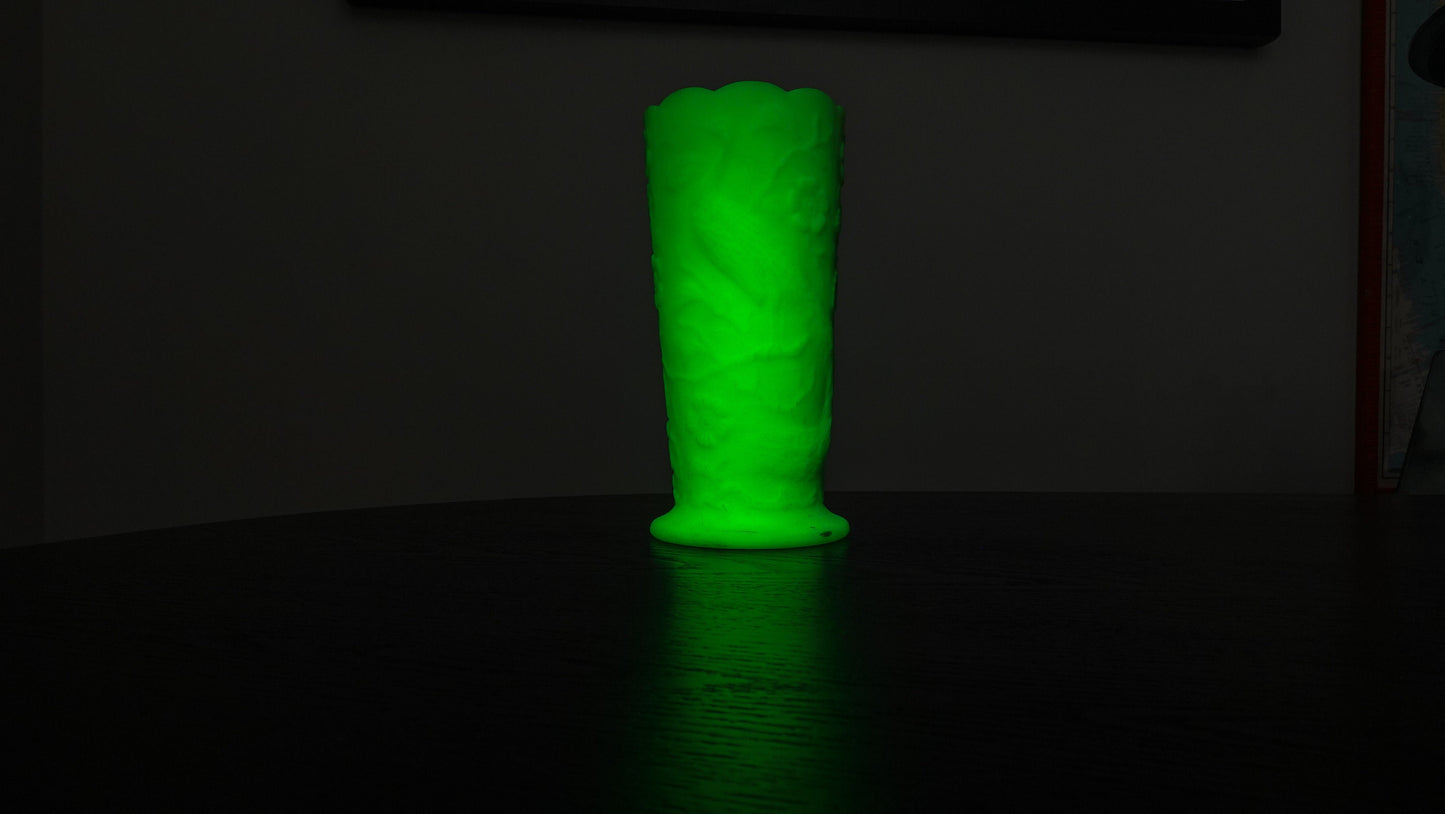 Peacock Vase - Fenton Satin Vaseline Glass - Glows Under Blacklight - Pressed Glass