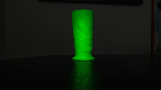 Peacock Vase - Fenton Satin Vaseline Glass - Glows Under Blacklight - Pressed Glass