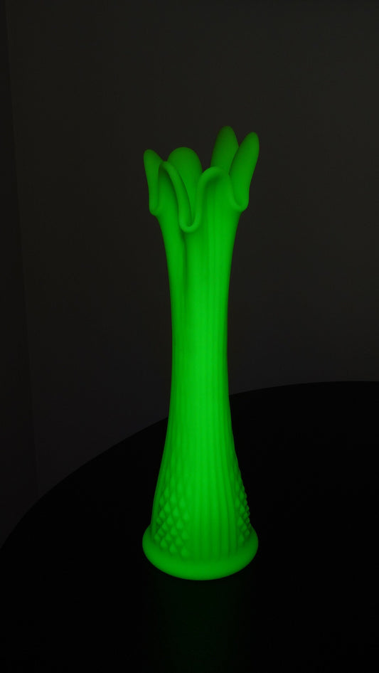 Tall Vase - Fenton Satin Vaseline Glass Vase - Uranium Glass - Glows under Blacklight