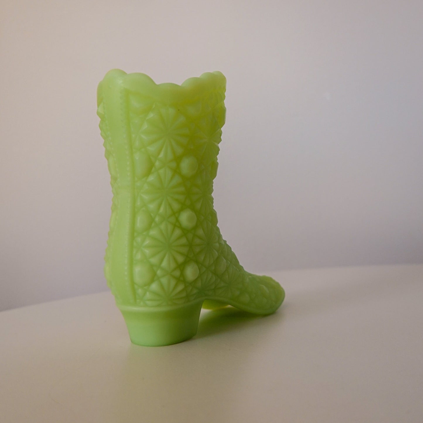 Fenton Satin Vaseline Glass Mini Boot - Uranium Glass - Glows under Blacklight