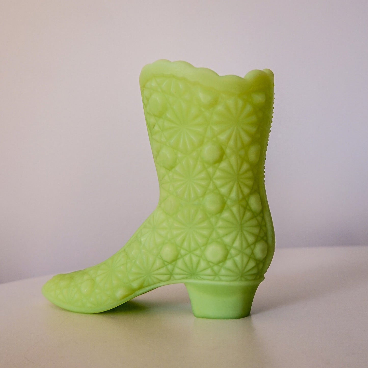 Fenton Satin Vaseline Glass Mini Boot - Uranium Glass - Glows under Blacklight