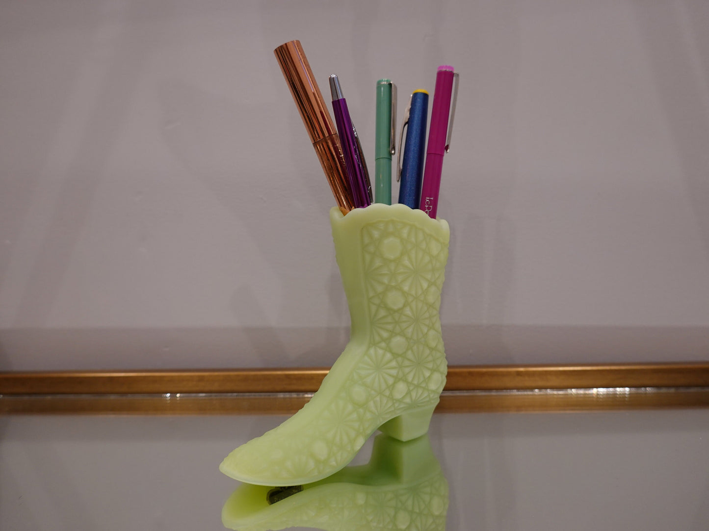 Fenton Satin Vaseline Glass Mini Boot - Uranium Glass - Glows under Blacklight