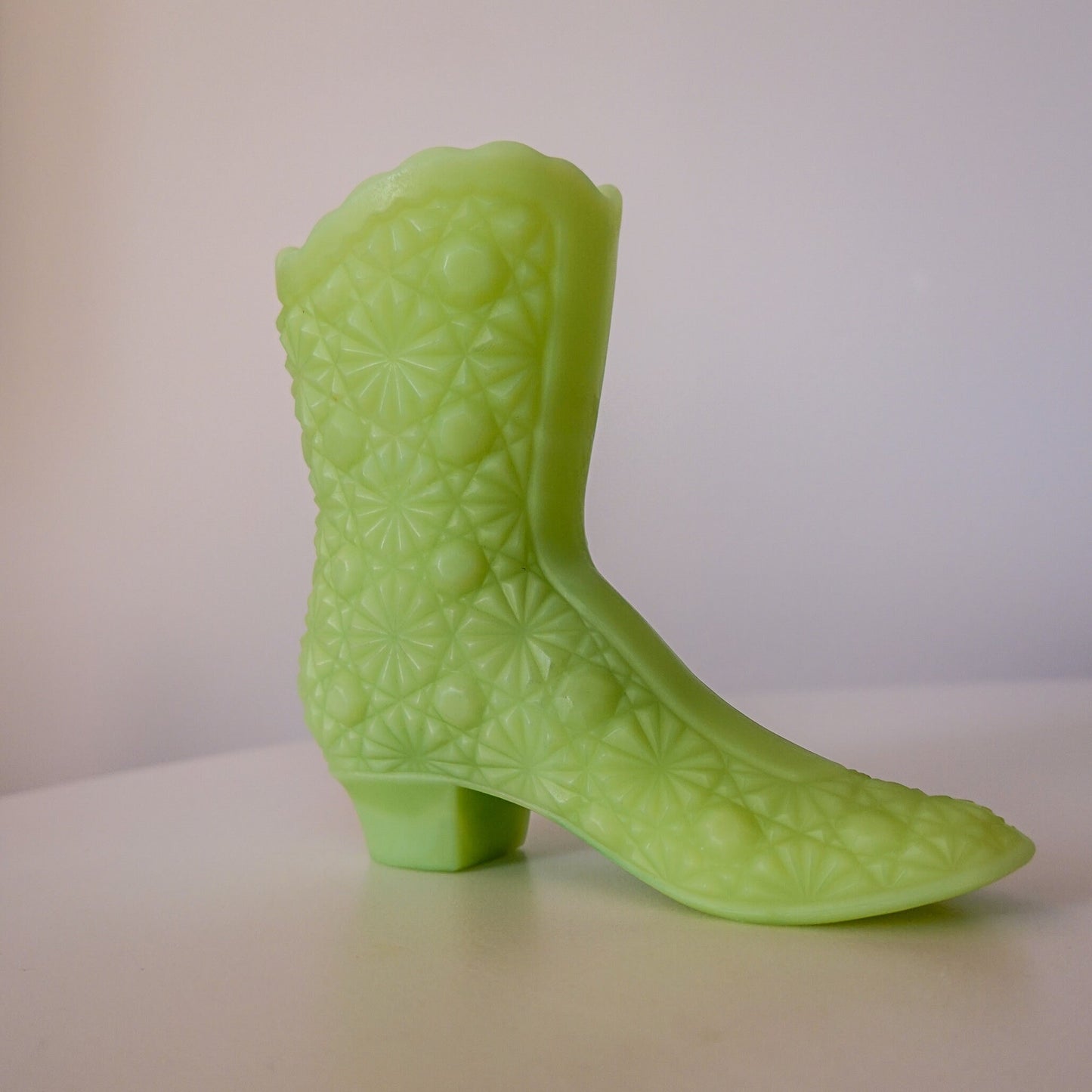 Fenton Satin Vaseline Glass Mini Boot - Uranium Glass - Glows under Blacklight