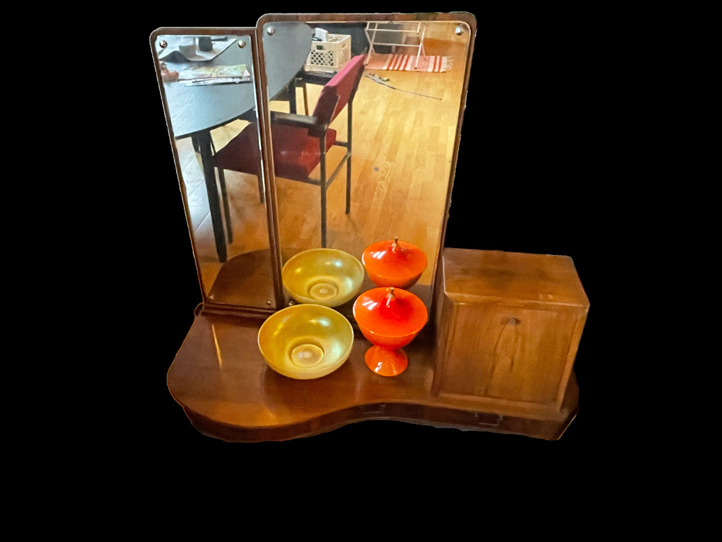 RESERVED Walnut Tabletop Mirrored Vanity - Kidney Shape - Midcentury Modern