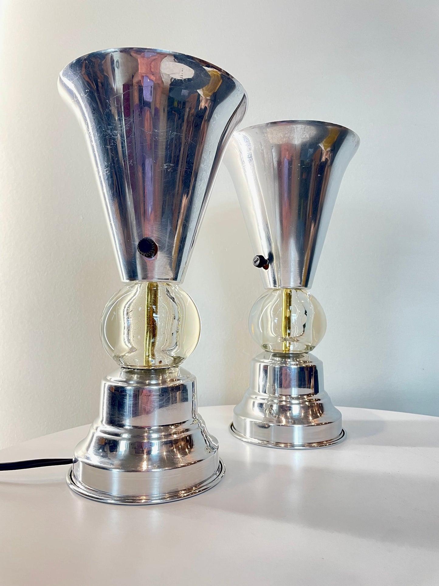 40's Art Deco Table Lamp Pair - Aluminum and Glass Lamps - 1930's 1940's Decor - Spun Aluminum Lamps - Machine Age