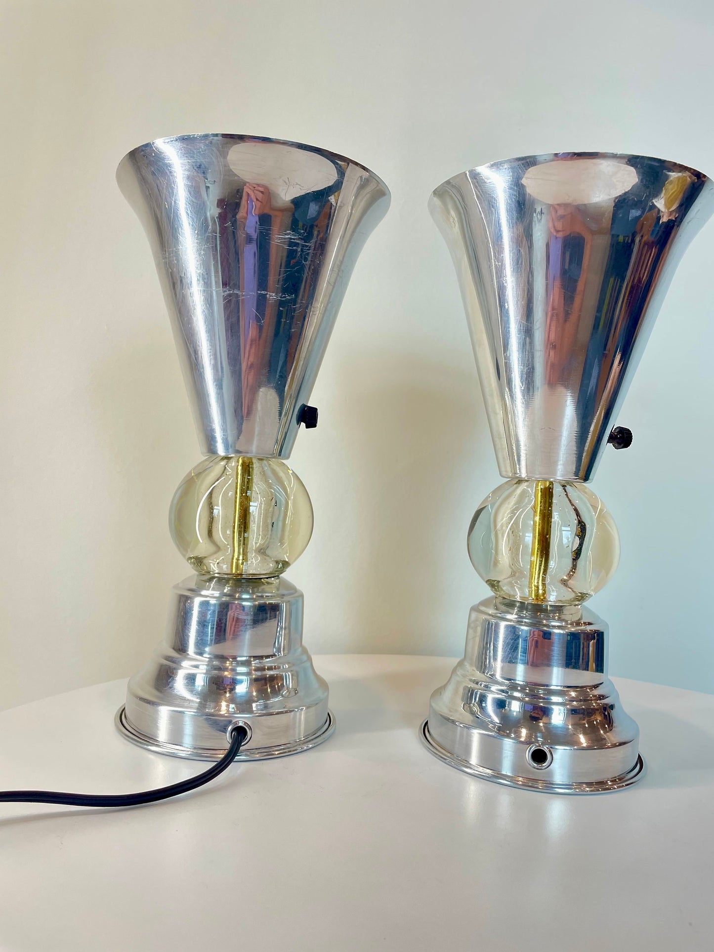 40's Art Deco Table Lamp Pair - Aluminum and Glass Lamps - 1930's 1940's Decor - Spun Aluminum Lamps - Machine Age