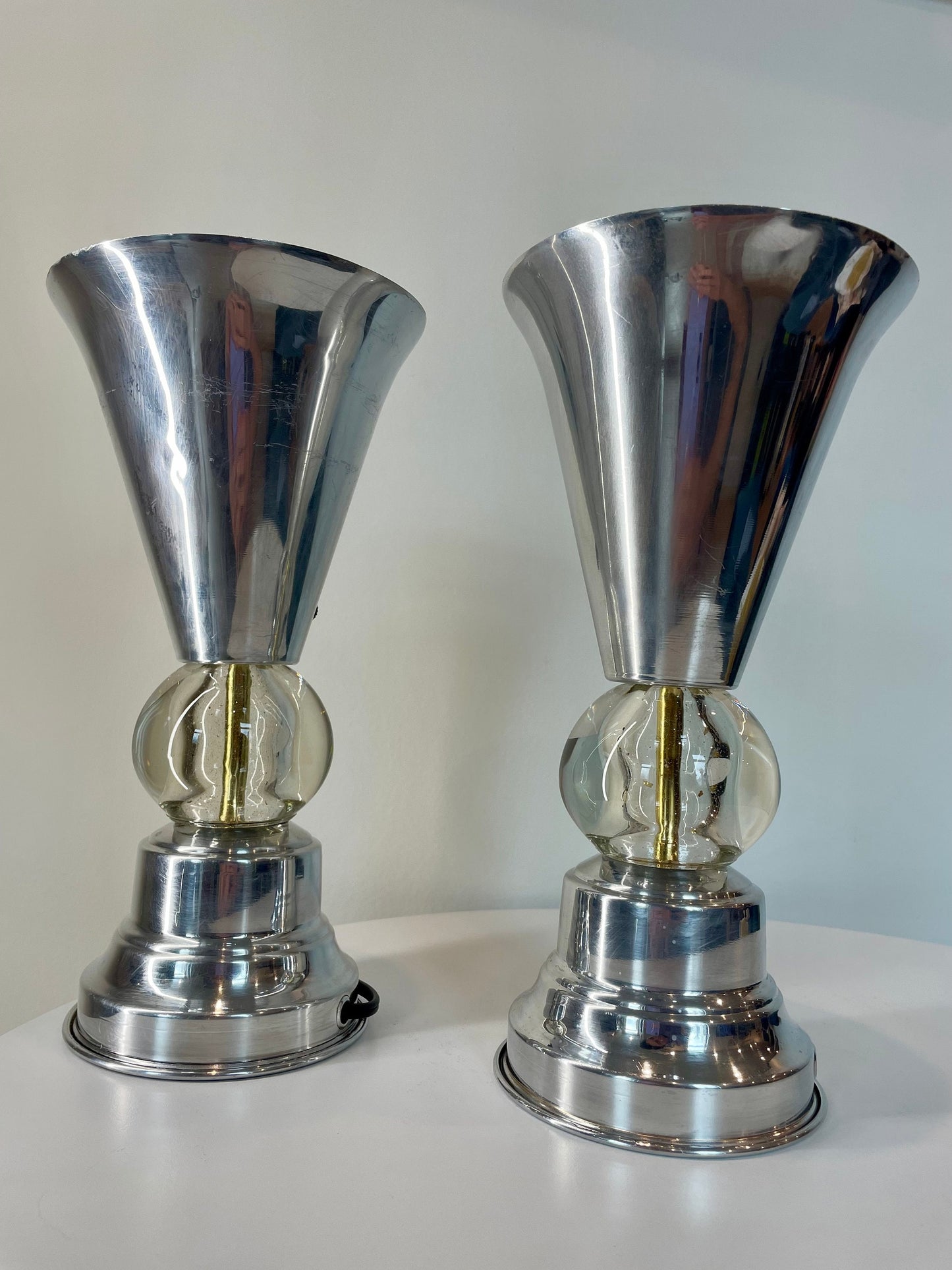 40's Art Deco Table Lamp Pair - Aluminum and Glass Lamps - 1930's 1940's Decor - Spun Aluminum Lamps - Machine Age