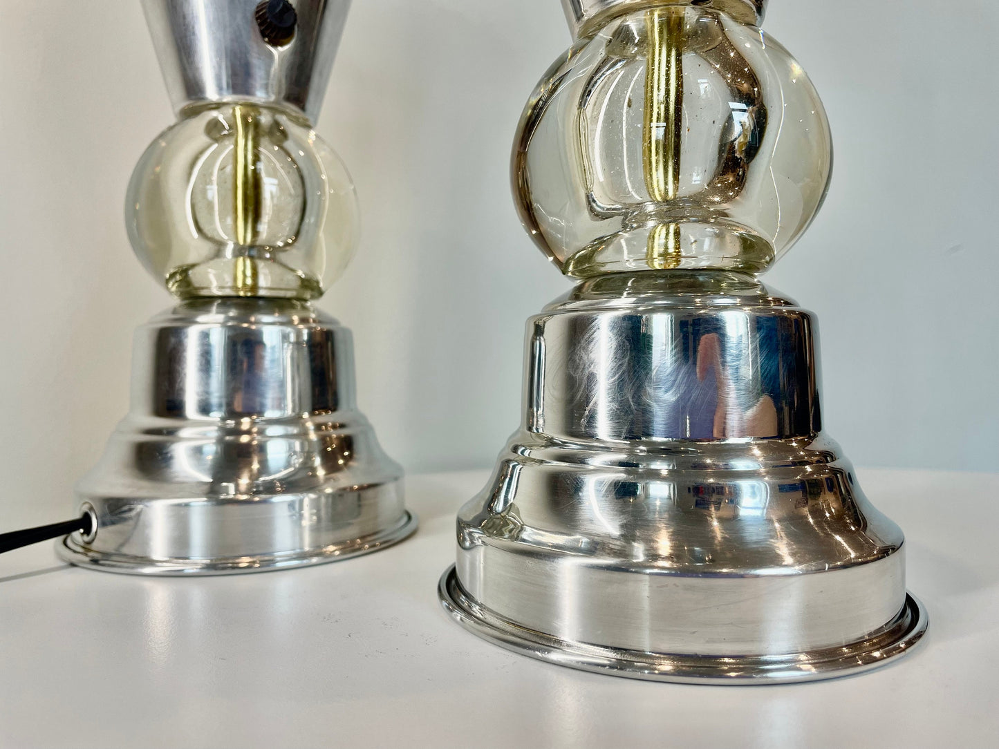 40's Art Deco Table Lamp Pair - Aluminum and Glass Lamps - 1930's 1940's Decor - Spun Aluminum Lamps - Machine Age