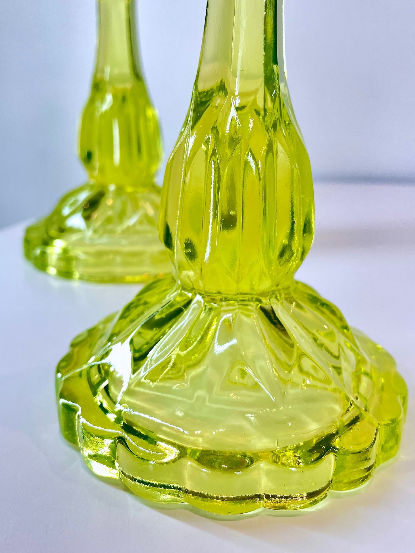 RESERVED - Vaseline Glass Candle Taper Holders - Uranium Glass - Glows in UV