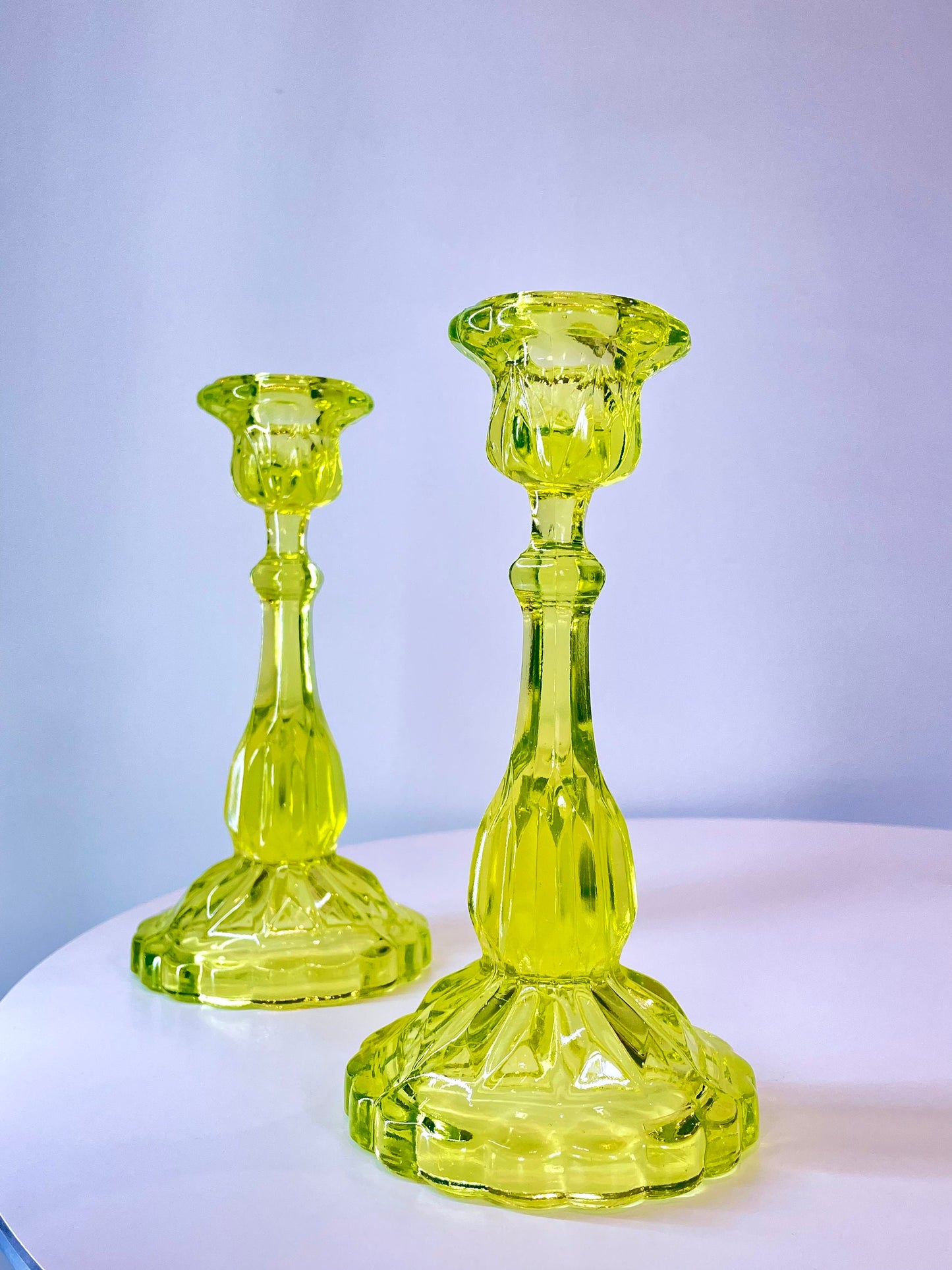 RESERVED - Vaseline Glass Candle Taper Holders - Uranium Glass - Glows in UV