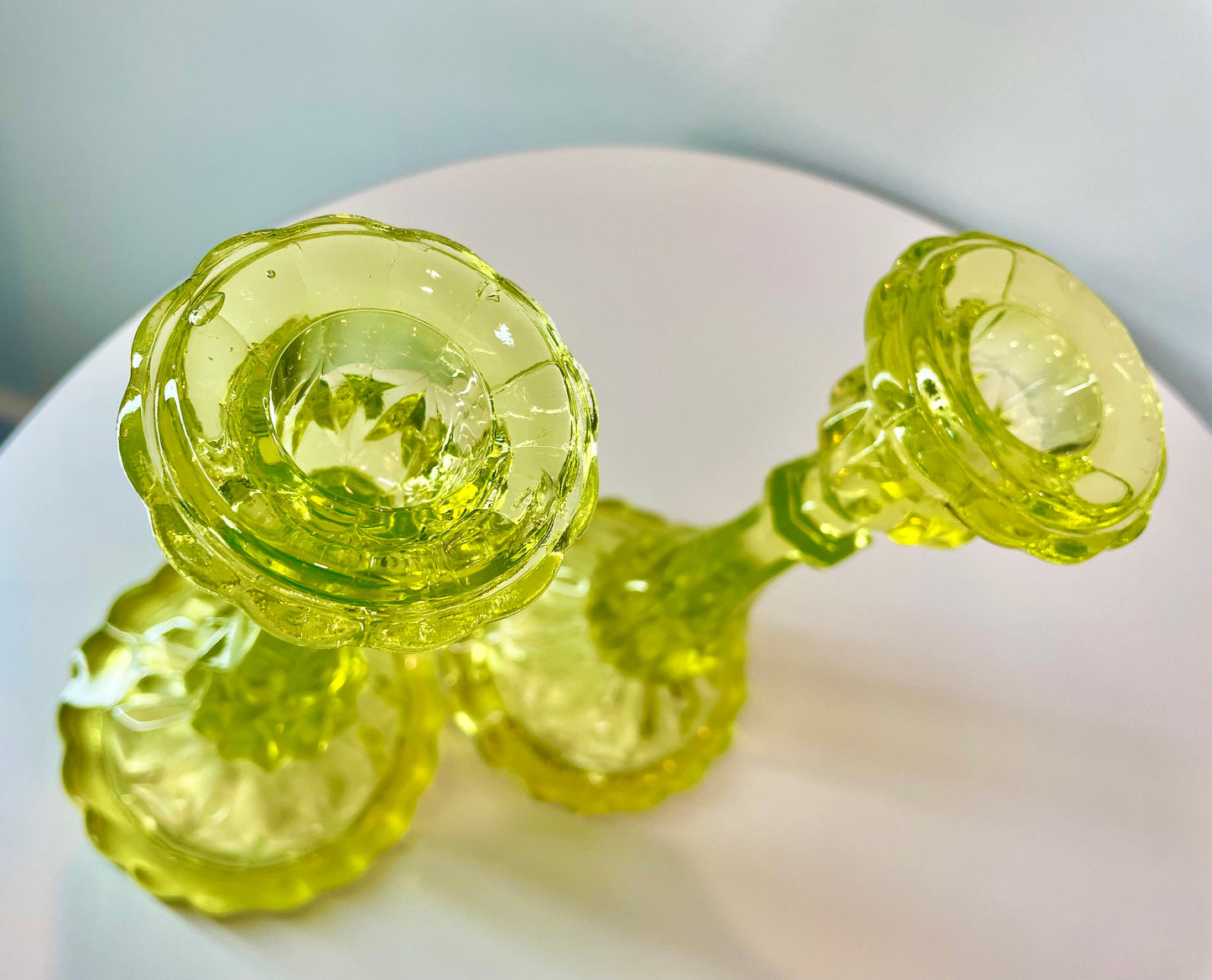 RESERVED - Vaseline Glass Candle Taper Holders - Uranium Glass - Glows in UV