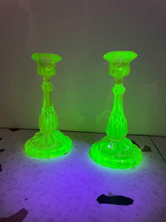 RESERVED - Vaseline Glass Candle Taper Holders - Uranium Glass - Glows in UV