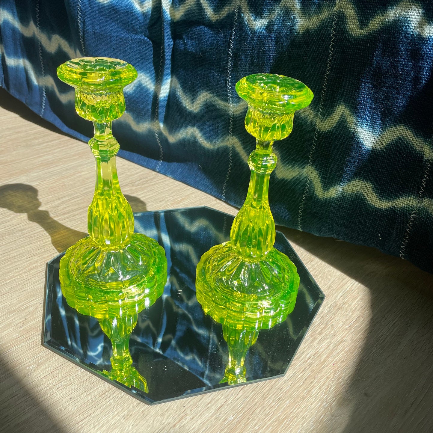 RESERVED - Vaseline Glass Candle Taper Holders - Uranium Glass - Glows in UV