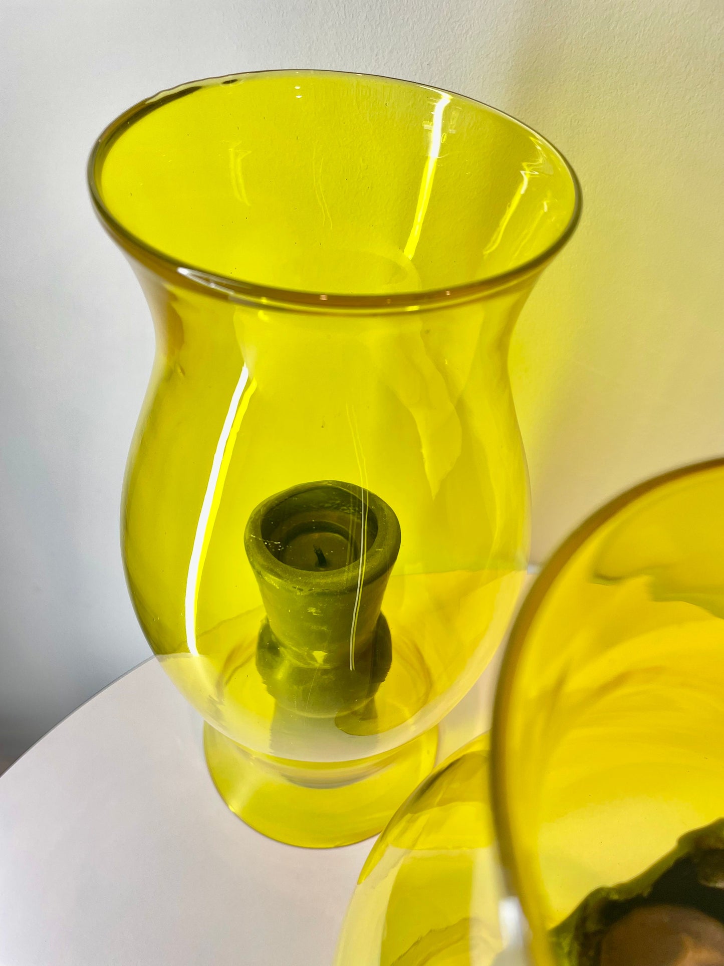 Large Vintage Blown Glass Hurricane - Lime Green Glass - Vintage Tabletop Hurricane