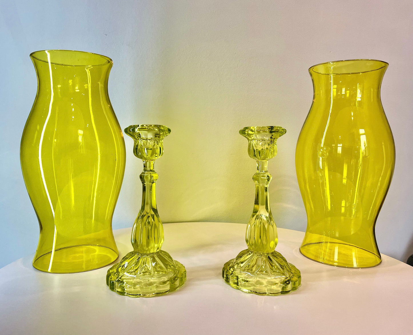 Large Vintage Blown Glass Hurricane - Lime Green Glass - Vintage Tabletop Hurricane