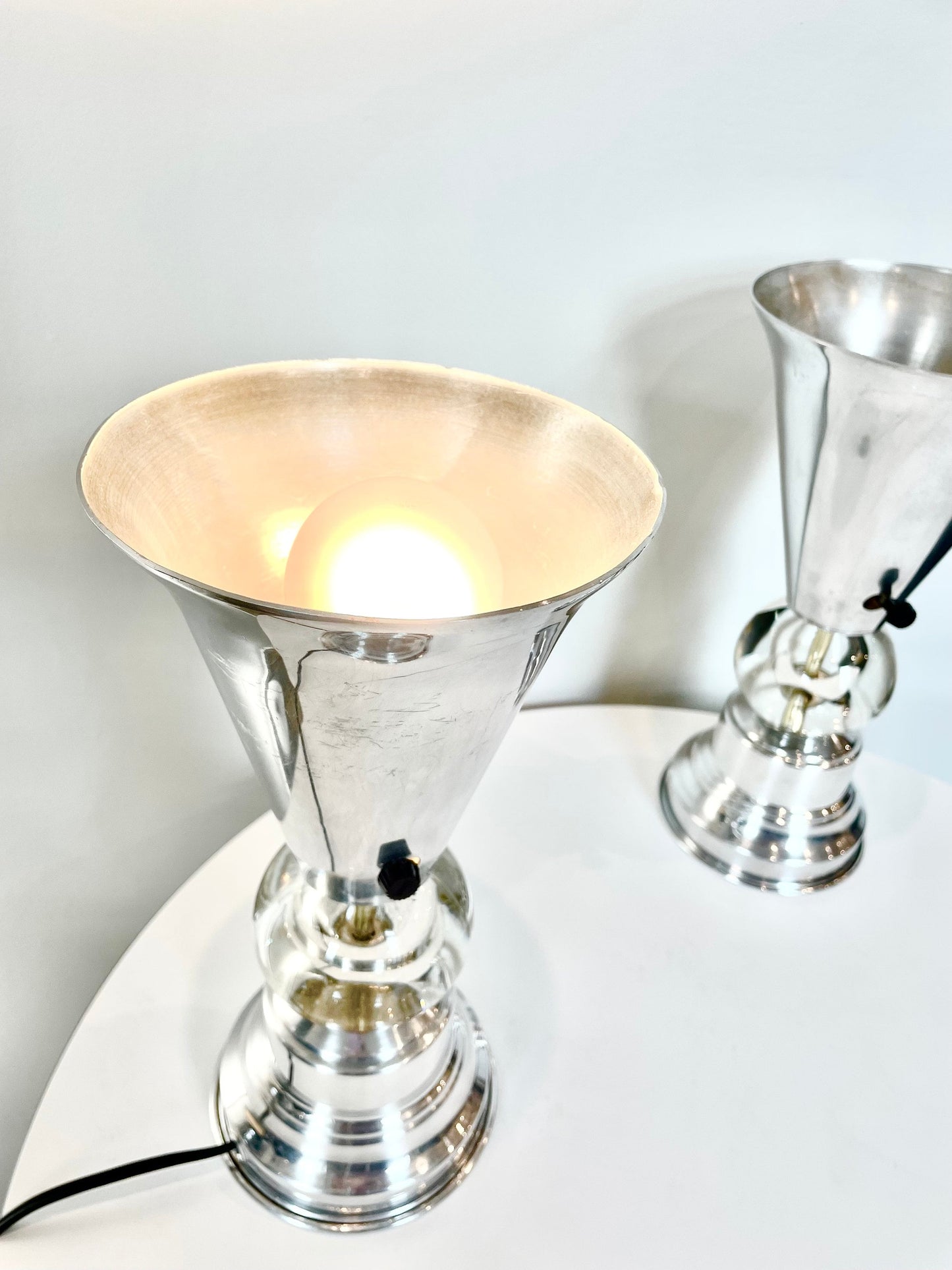 40's Art Deco Table Lamp Pair - Aluminum and Glass Lamps - 1930's 1940's Decor - Spun Aluminum Lamps - Machine Age