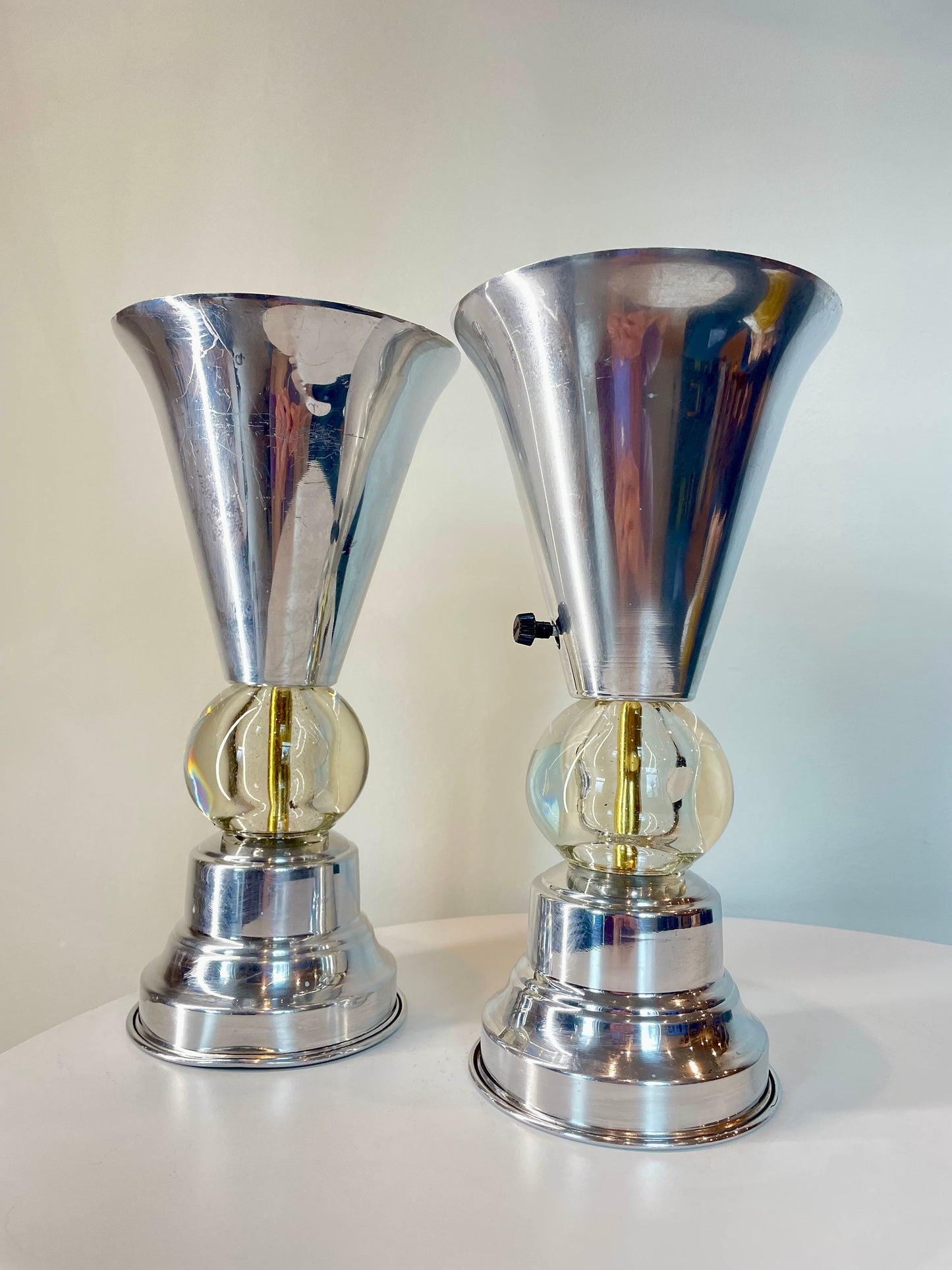 40's Art Deco Table Lamp Pair - Aluminum and Glass Lamps - 1930's 1940's Decor - Spun Aluminum Lamps - Machine Age