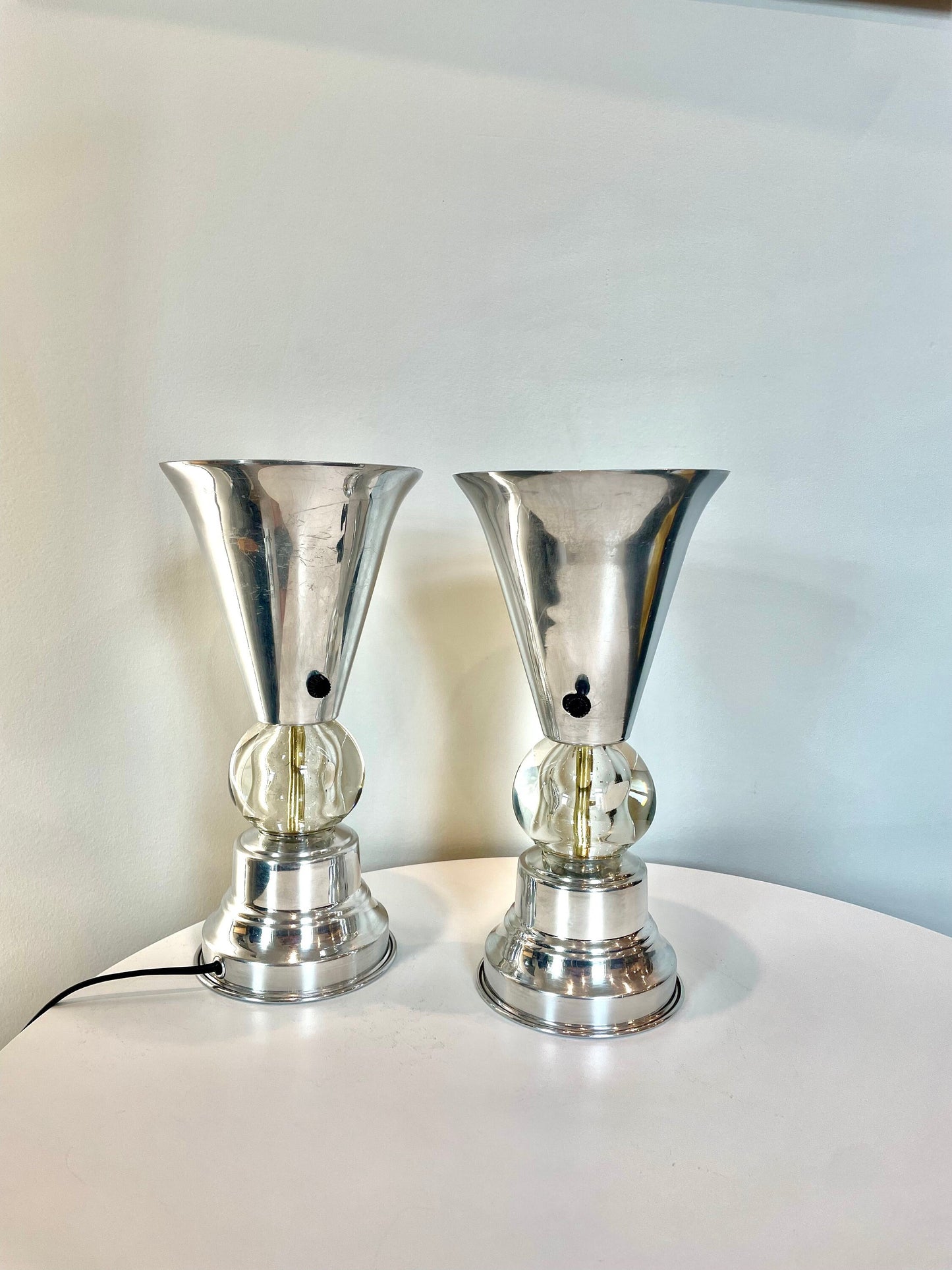 40's Art Deco Table Lamp Pair - Aluminum and Glass Lamps - 1930's 1940's Decor - Spun Aluminum Lamps - Machine Age