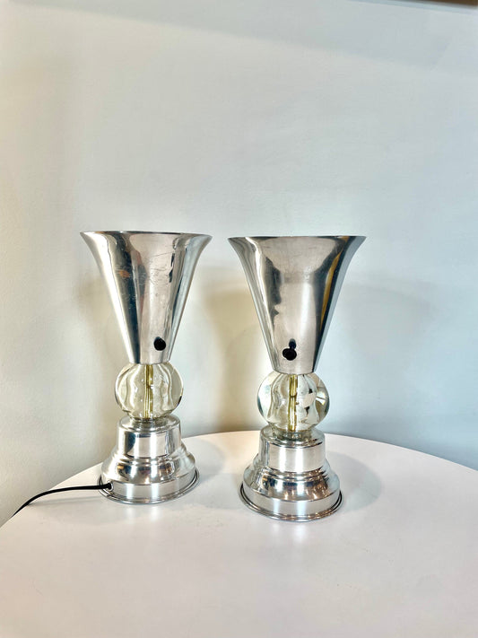 40's Art Deco Table Lamp Pair - Aluminum and Glass Lamps - 1930's 1940's Decor - Spun Aluminum Lamps - Machine Age