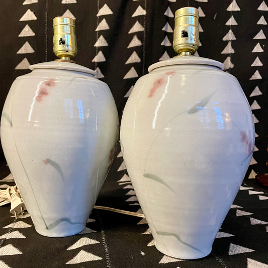 80's Cherry Blossom Lamps - Ceramic - Vintage Ginger Jar Lamp Hand Painted - Artisan Made