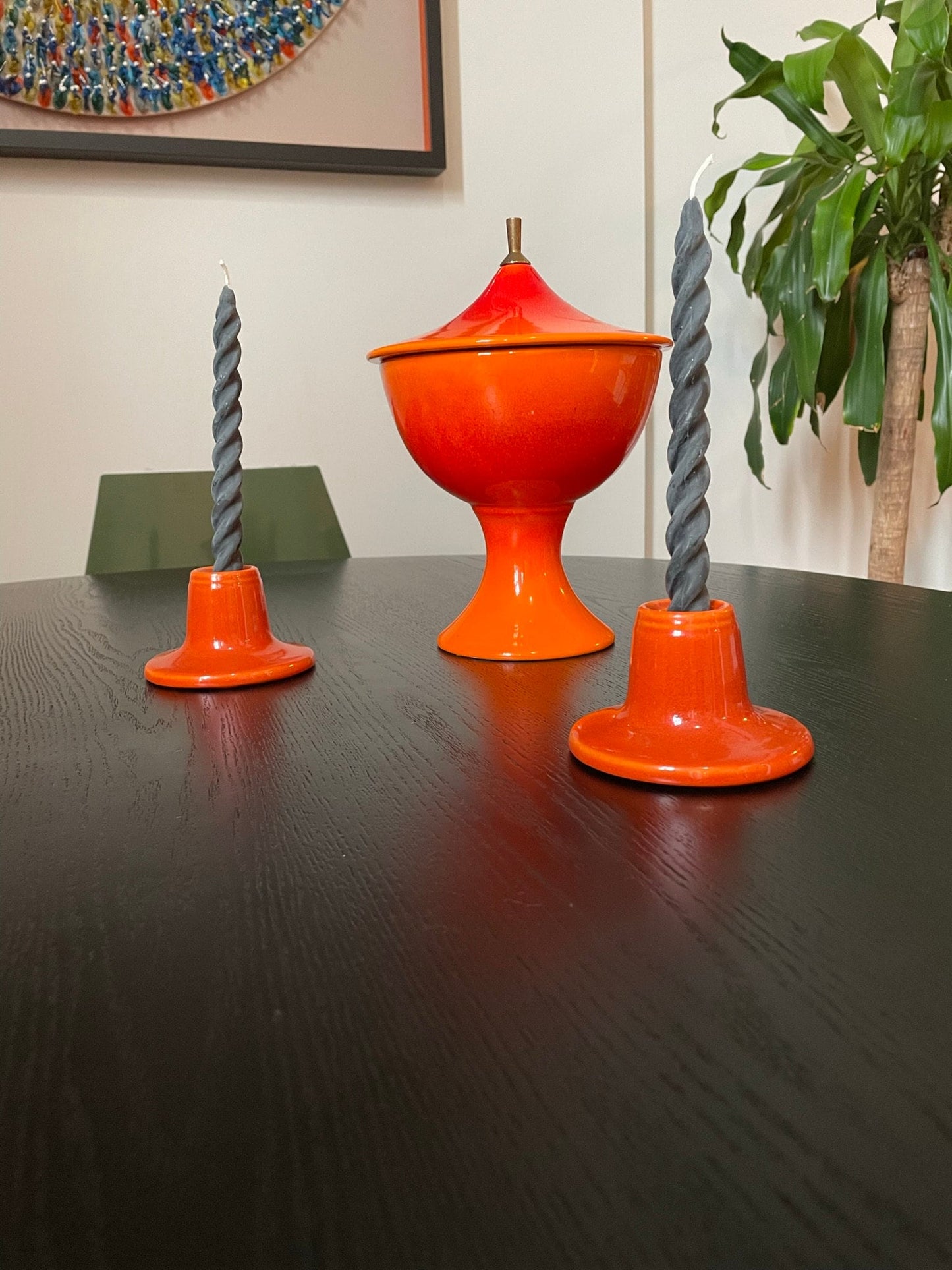 Ceramic Candle Holders - Vintage Bright Orange with Sparkling Glossy Glaze - Handmade Ceramic Candle Holders - Space Age Design - 1970s Home