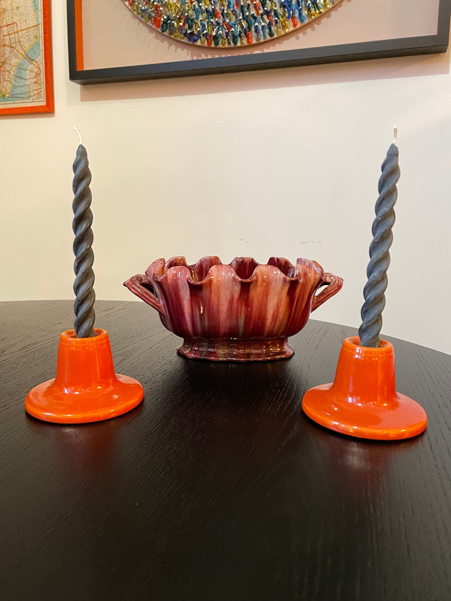 Ceramic Candle Holders - Vintage Bright Orange with Sparkling Glossy Glaze - Handmade Ceramic Candle Holders - Space Age Design - 1970s Home