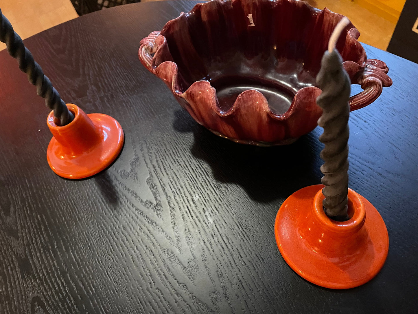 Ceramic Candle Holders - Vintage Bright Orange with Sparkling Glossy Glaze - Handmade Ceramic Candle Holders - Space Age Design - 1970s Home