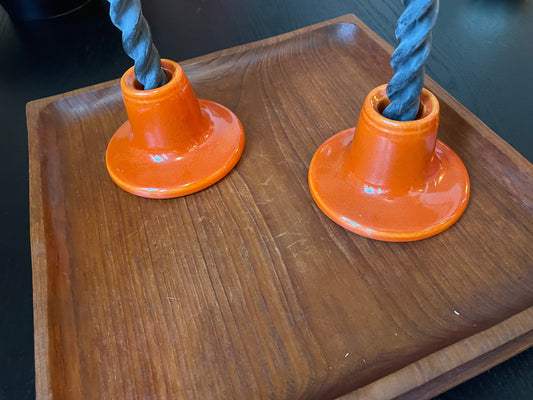Ceramic Candle Holders - Vintage Bright Orange with Sparkling Glossy Glaze - Handmade Ceramic Candle Holders - Space Age Design - 1970s Home