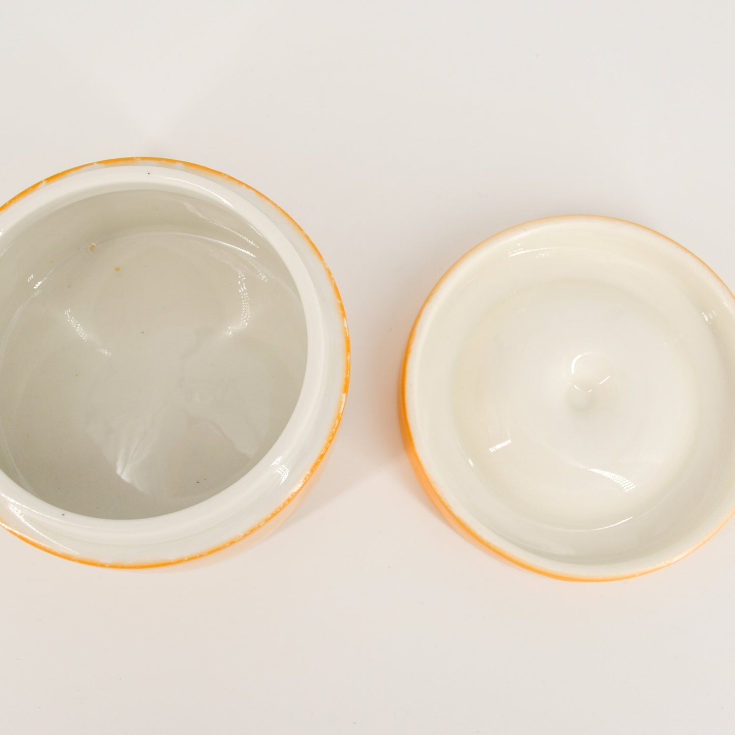 20's Orange Round Ceramic Jar - Art Deco -  Avco Vitrified China - Vintage Lidded Vessel - Vanity, Boudoir Storage