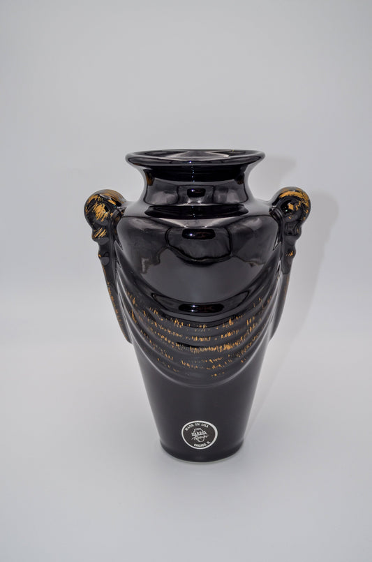 Vintage Black Ceramic Vase - 1980s Glossy Gilded Vase - Harris Potteries - Made in Chicago - Neoclassical Decor