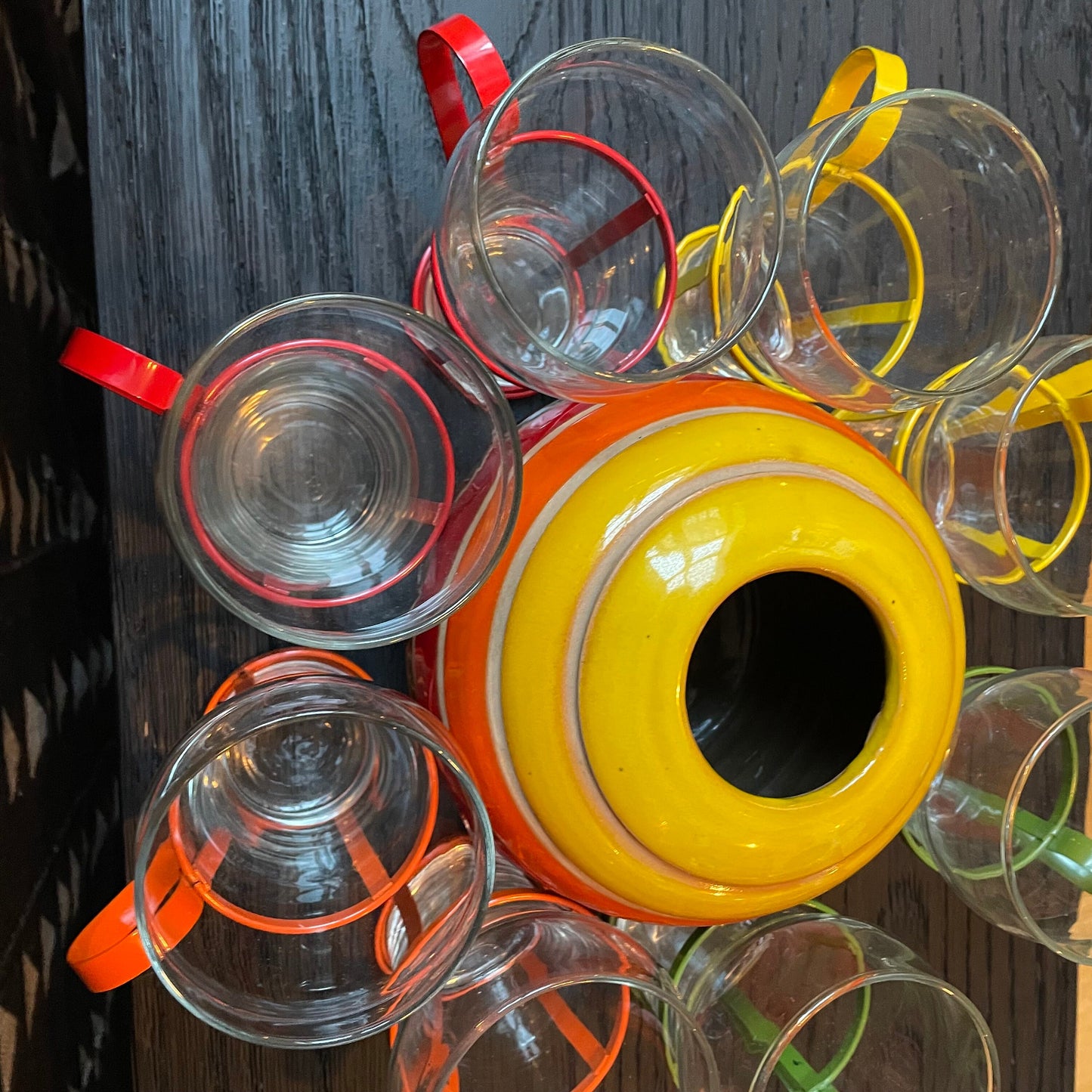 70's Bright Metal Cage Glass Cups - Vintage Soda Fountain Glasses - Rainbow Glassware - Libbey Glass