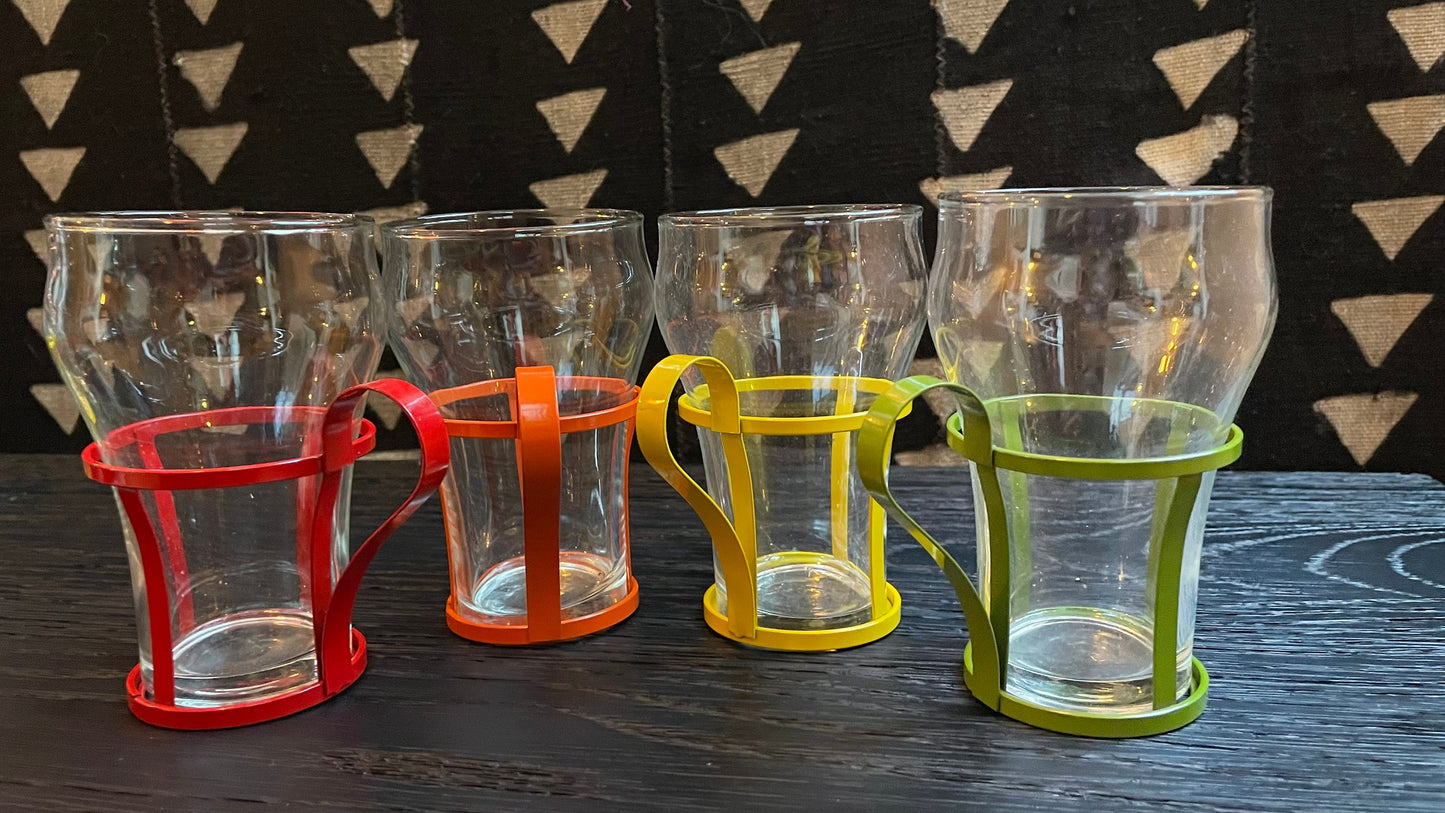 70's Bright Metal Cage Glass Cups - Vintage Soda Fountain Glasses - Rainbow Glassware - Libbey Glass