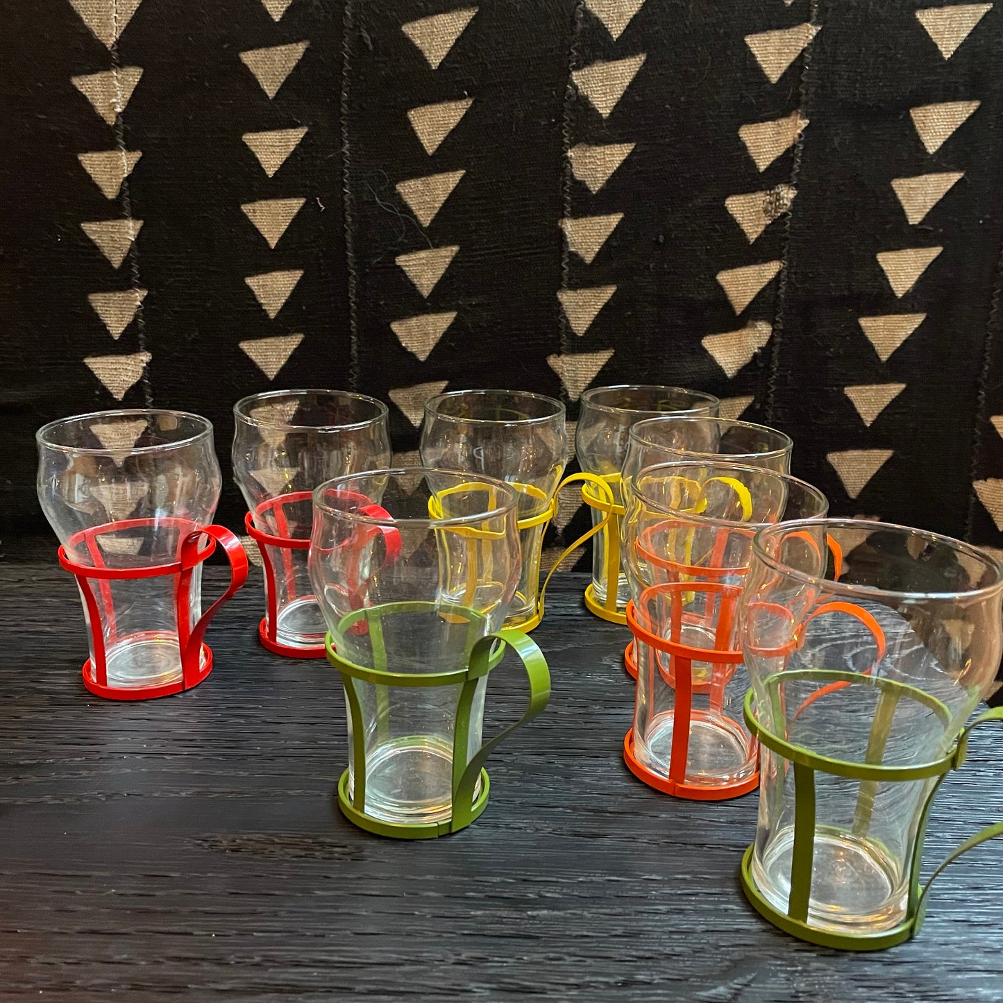 70's Bright Metal Cage Glass Cups - Vintage Soda Fountain Glasses - Rainbow Glassware - Libbey Glass