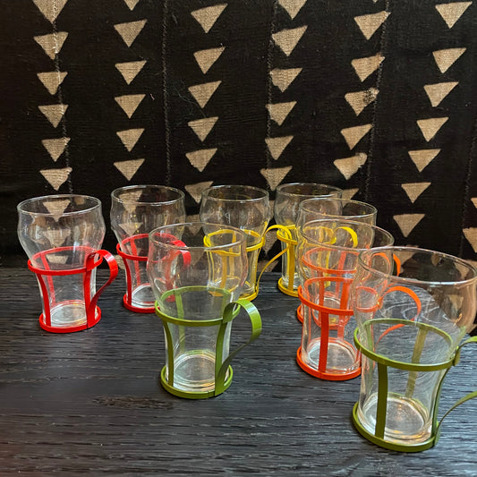 70's Bright Metal Cage Glass Cups - Vintage Soda Fountain Glasses - Rainbow Glassware - Libbey Glass