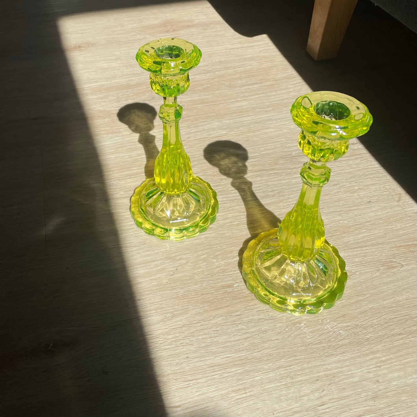 RESERVED - Vaseline Glass Candle Taper Holders - Uranium Glass - Glows in UV