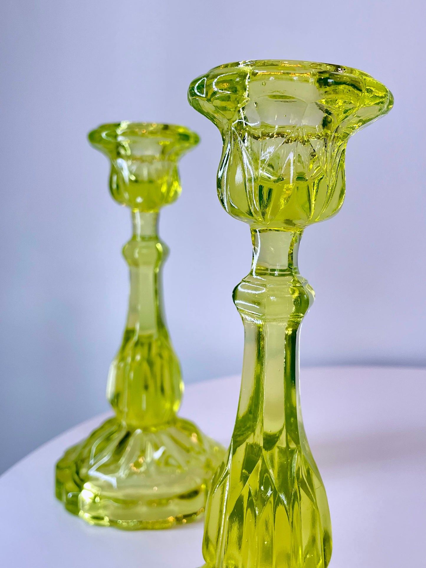 RESERVED - Vaseline Glass Candle Taper Holders - Uranium Glass - Glows in UV