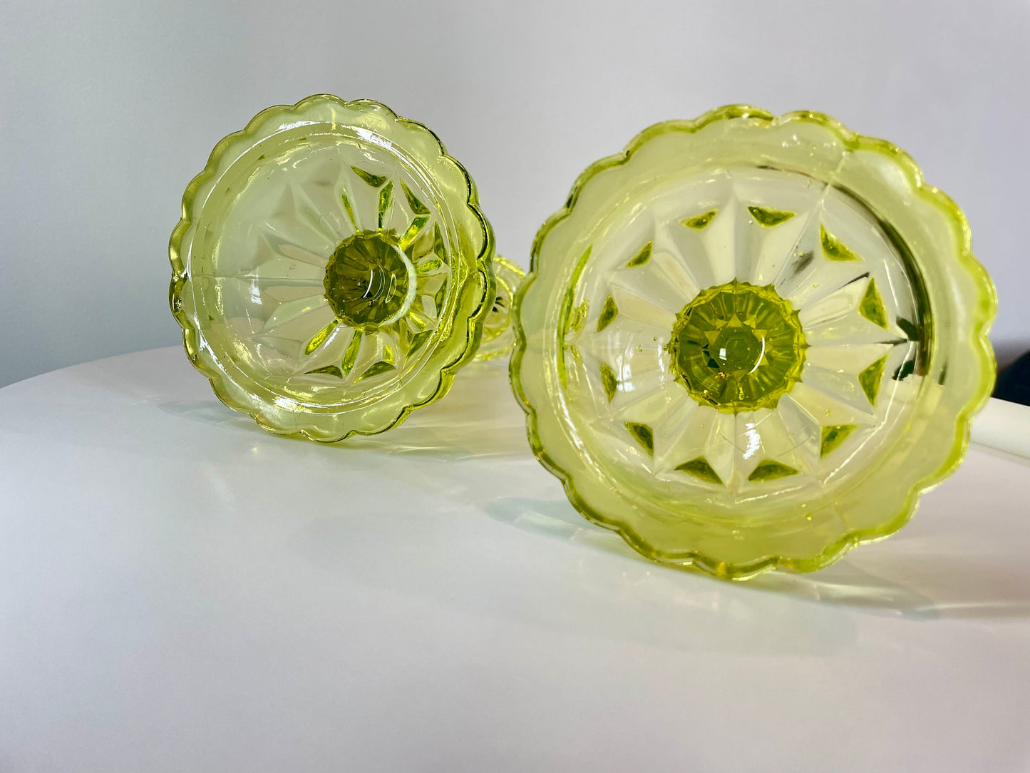 RESERVED - Vaseline Glass Candle Taper Holders - Uranium Glass - Glows in UV