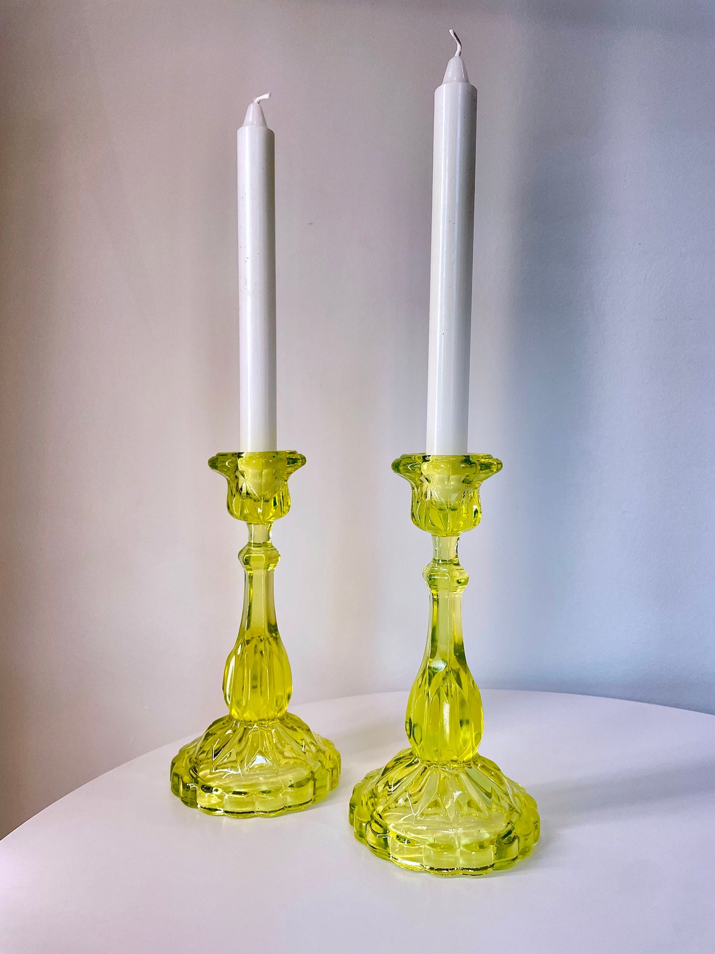 RESERVED - Vaseline Glass Candle Taper Holders - Uranium Glass - Glows in UV