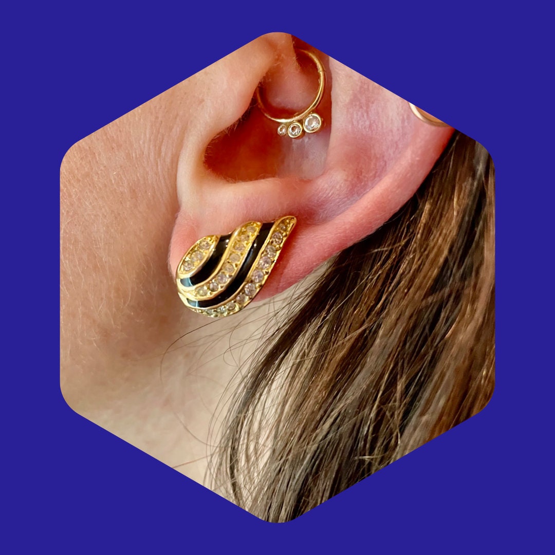 80's Christian Dior Gold, Enamel, Rhinestone Earrings - Vintage Dior Jewelry