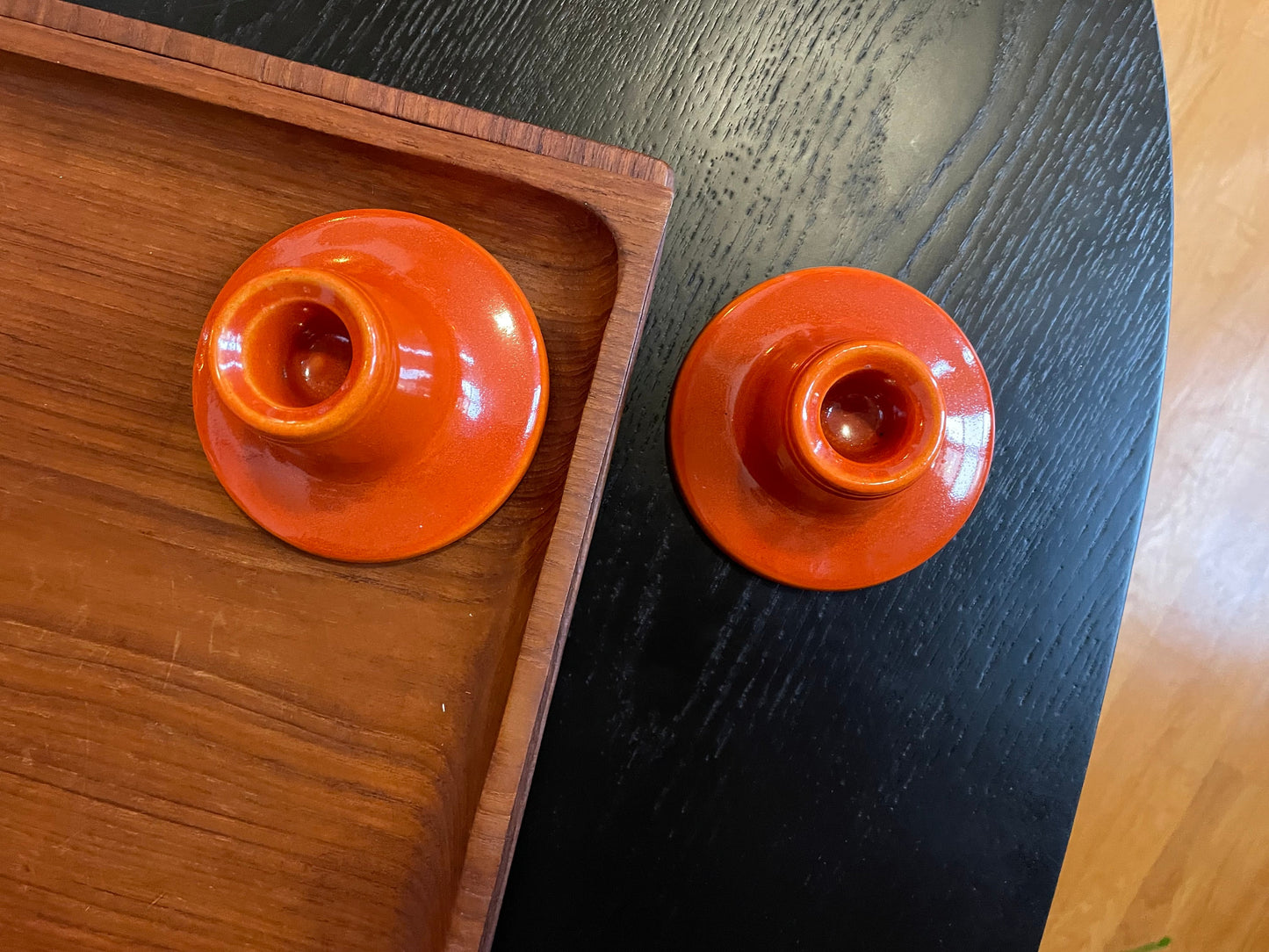 Ceramic Candle Holders - Vintage Bright Orange with Sparkling Glossy Glaze - Handmade Ceramic Candle Holders - Space Age Design - 1970s Home