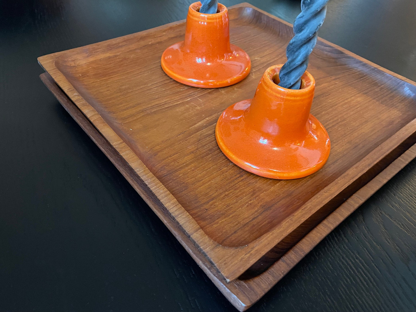 Ceramic Candle Holders - Vintage Bright Orange with Sparkling Glossy Glaze - Handmade Ceramic Candle Holders - Space Age Design - 1970s Home