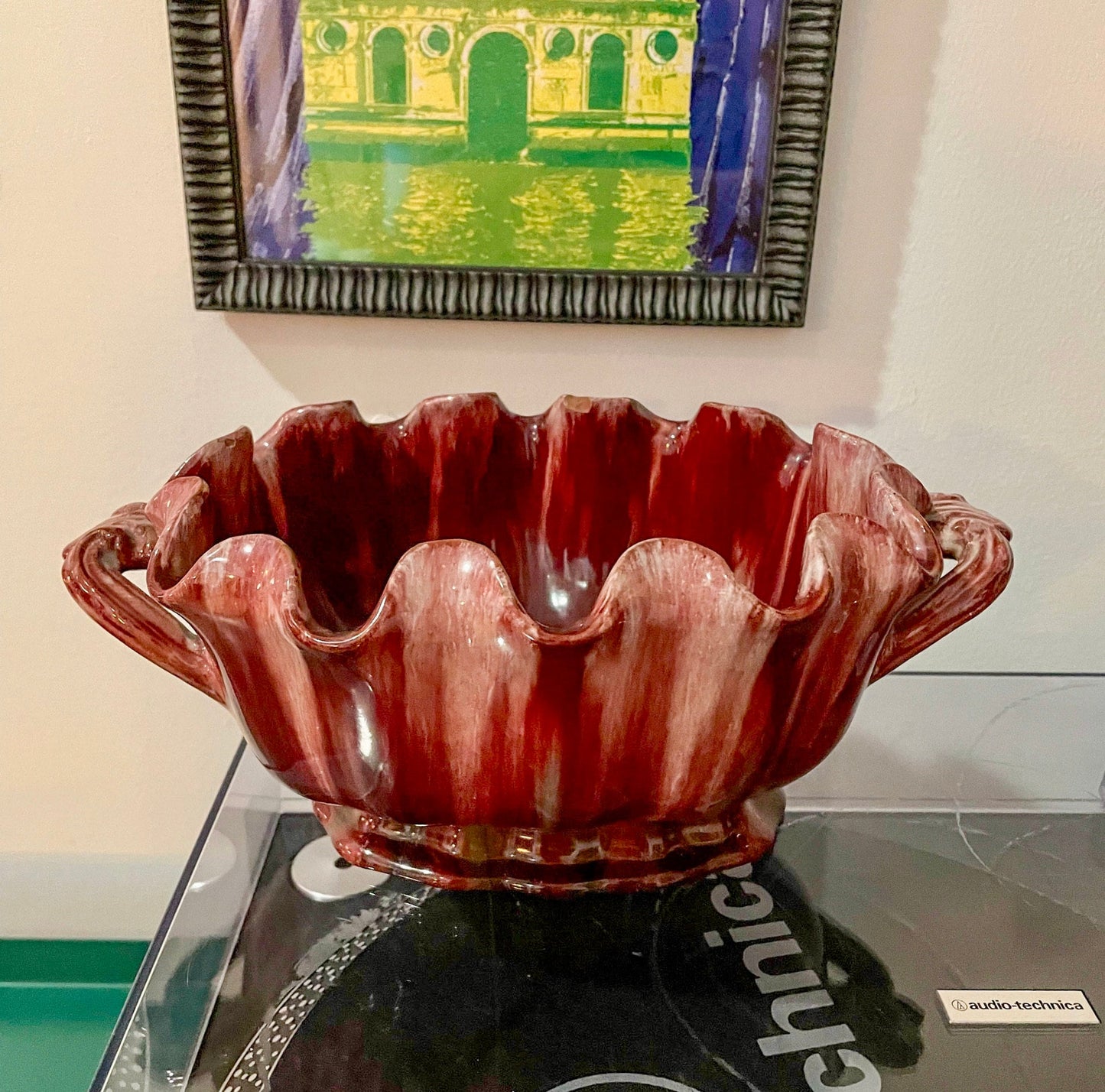 Low Planter - French Art Nouveau - Clement Massier - Low Ceramic Planter - Cranberry Turquoise Glaze - Vintage Centerpiece Bowl