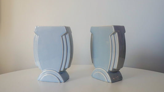 20's Art Deco Ceramic Vases - Primax Sarreguemines - Vintage French Home Decor - SUPER RARE - Lavender, Sky Blue Vase
