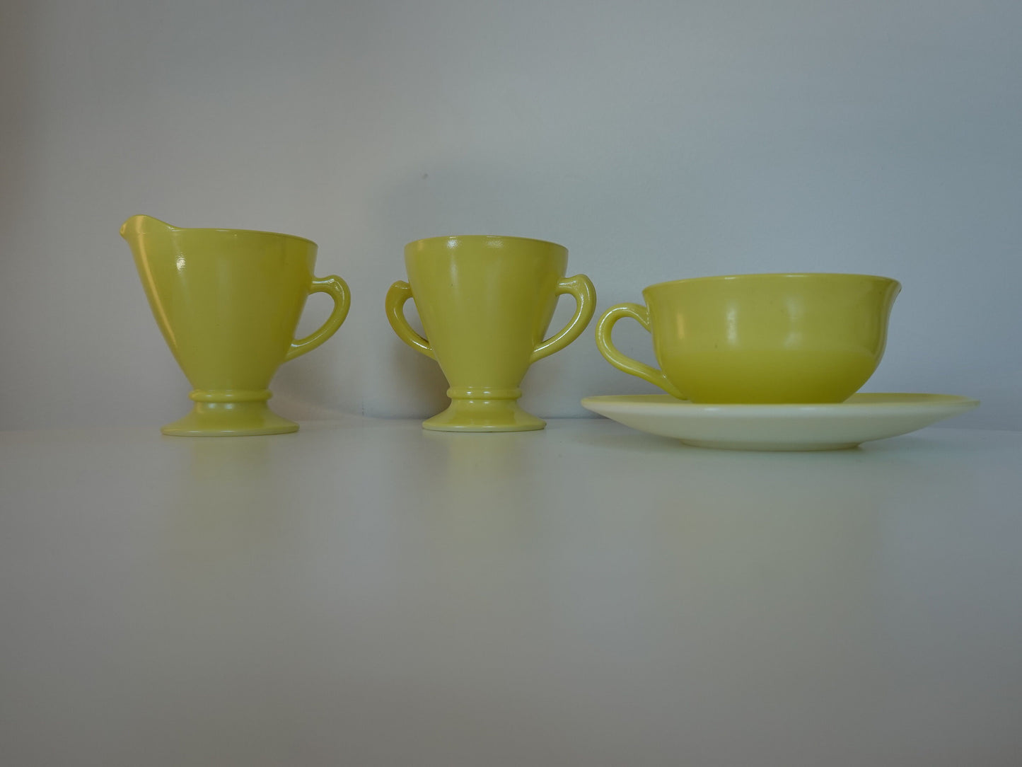 Sunny Yellow Vintage 1950's Creamer, Sugar, Mug & Saucer Set - Hazel Atlas Glass "Ovide" - Vintage Kitchenware - Lemon Yellow Coffee Set