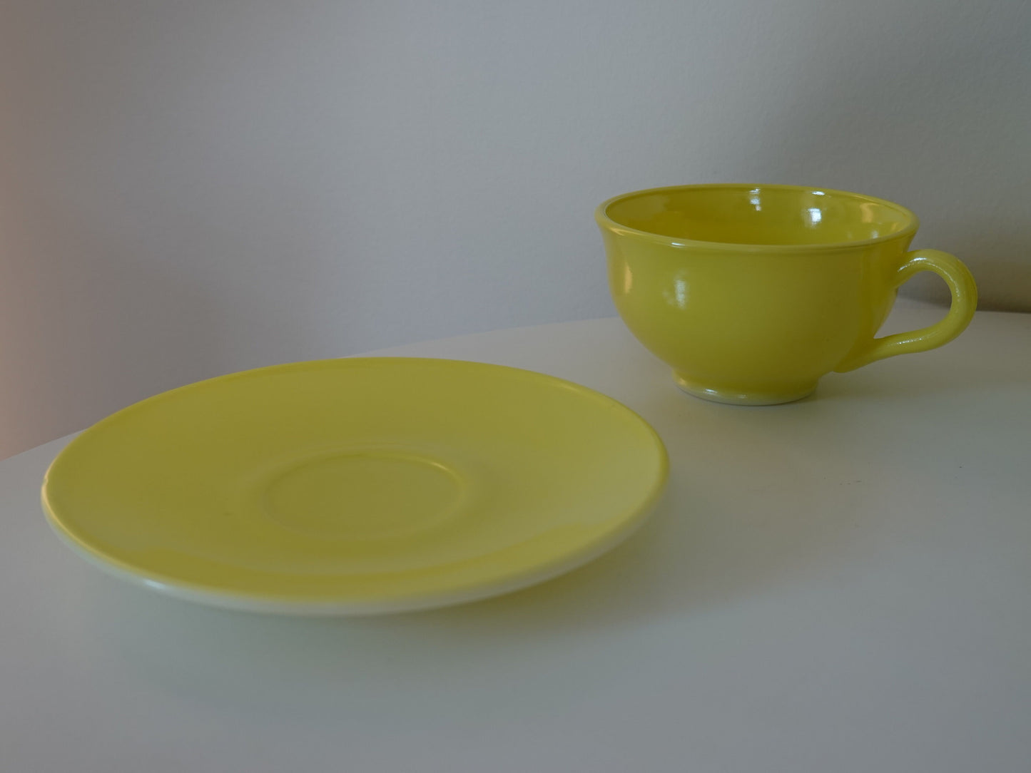 Sunny Yellow Vintage 1950's Creamer, Sugar, Mug & Saucer Set - Hazel Atlas Glass "Ovide" - Vintage Kitchenware - Lemon Yellow Coffee Set